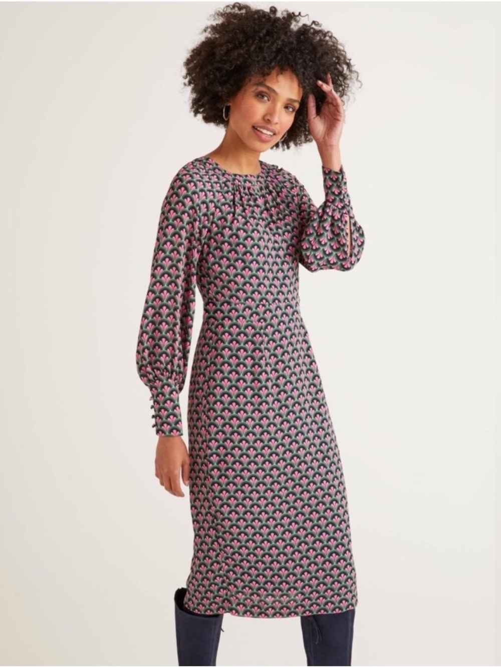 Boden Portia Long Sleeve Midi Dress Broad Bean Scallop Size 2
